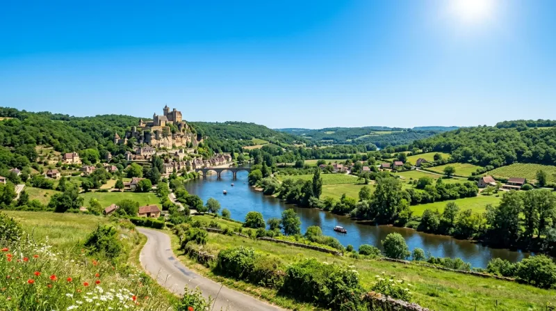 Une photo d'un paysage de la Dordogne sous un soleil éclatant et un ciel bleu sans nuages