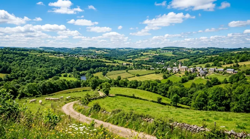 Une photo d'un paysage verdoyant du Limousin sous un soleil éclatant