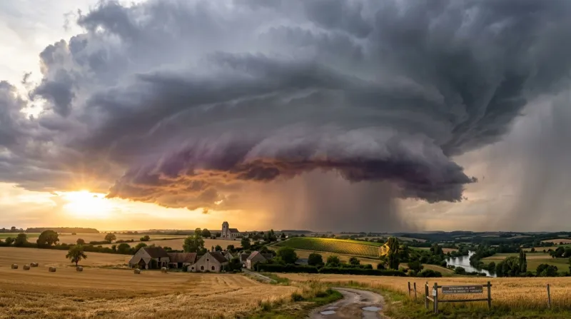Une photo de nuages d'orage au-dessus d'un paysage de campagne dans le Cher.