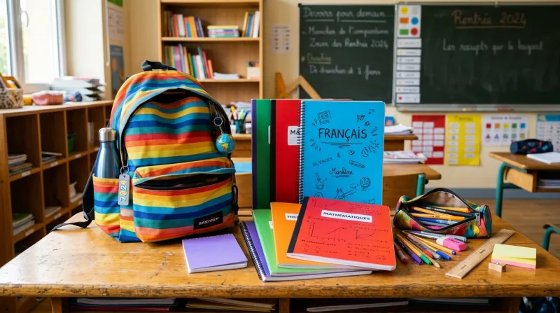 Une photo de fournitures scolaires colorées comme un sac à dos et des cahiers sur un bureau