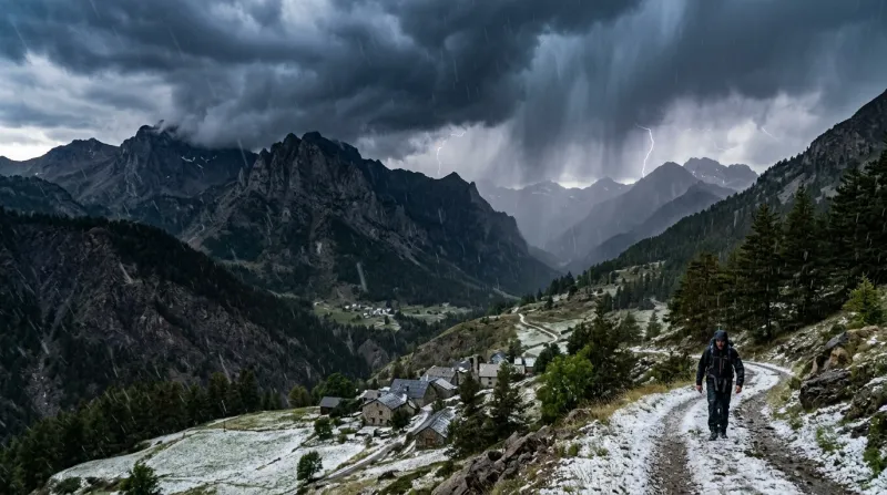 Une photo des montagnes des Alpes-de-Haute-Provence sous un ciel d'orage avec des chutes de grêle