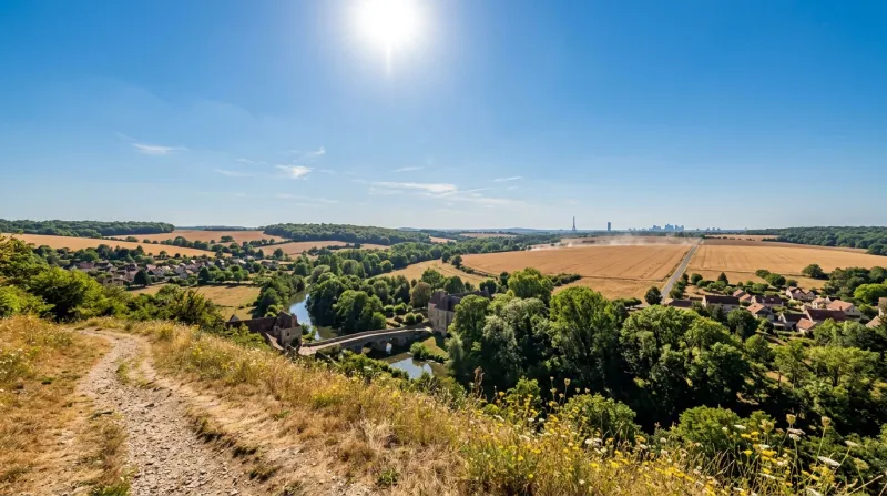 Une photo d'un paysage des Yvelines sous un soleil éclatant par une journée de forte chaleur