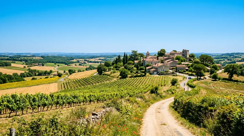 Une photo d'un paysage du Lot-et-Garonne sous un soleil intense et un ciel bleu azur