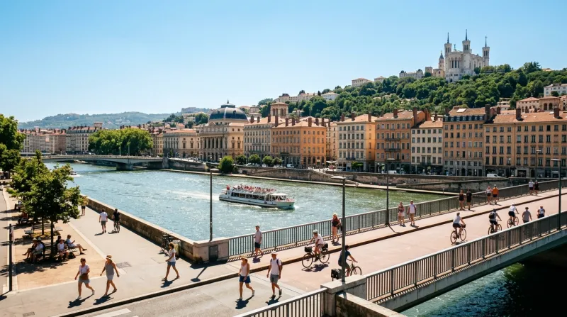 Une photo de la ville de Lyon sous un soleil éclatant illustrant une forte chaleur estivale