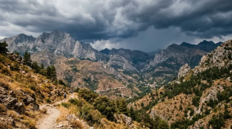 Une photo d'un paysage montagneux dans les Alpes-Maritimes sous un ciel lourd et orageux pendant une