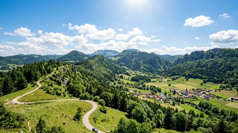 Une photo d'un paysage de moyenne montagne dans le département du Doubs sous un soleil radieux