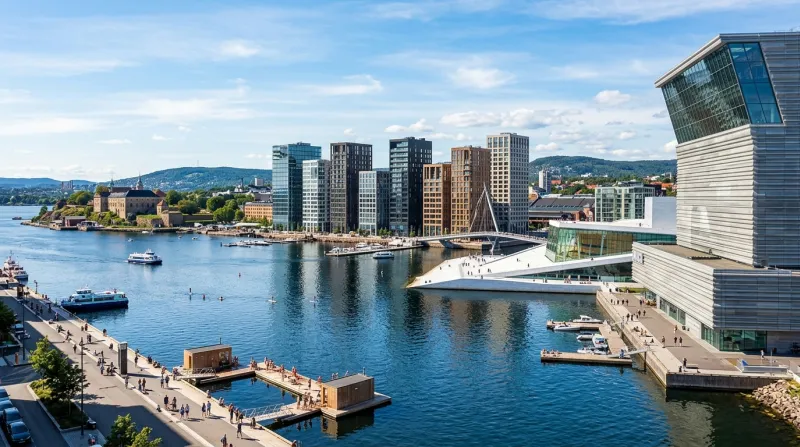 Une photo d'un paysage urbain moderne d'Oslo en Norvège avec son front de mer.