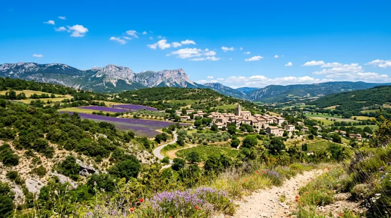 Une photo d'un paysage de la Drôme sous un soleil radieux et intense avec un ciel bleu azur