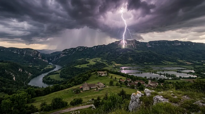Une photo d'un paysage dans le département de l'Ain sous un ciel orageux avec des nuages et des écla