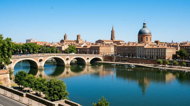 Une photo de la ville de Toulouse sous un soleil éclatant et un ciel bleu sans vent