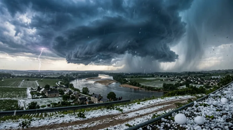 Une photo d'un paysage de la Loire sous un ciel d'orage avec de la grêle