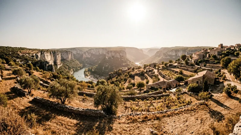Une photo d'un paysage de l'Ardèche sous un soleil de plomb