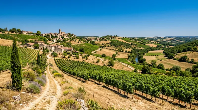 Une photo d'un paysage du Sud-Ouest de la France sous un soleil de plomb et un ciel dégagé