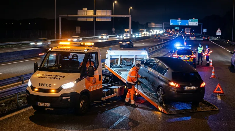 Une photo d'une dépanneuse en intervention sur une route de nuit