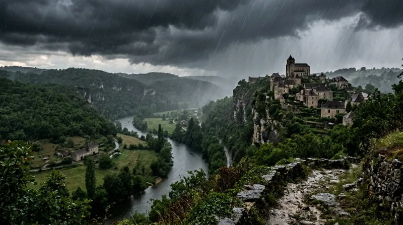 Une photo d'un paysage du Lot sous un ciel d'orage avec de fortes pluies