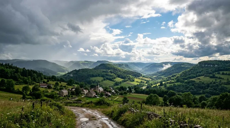 Une photo d'un paysage de moyenne montagne en Bourgogne-Franche-Comté avec un ciel qui s'éclaircit a