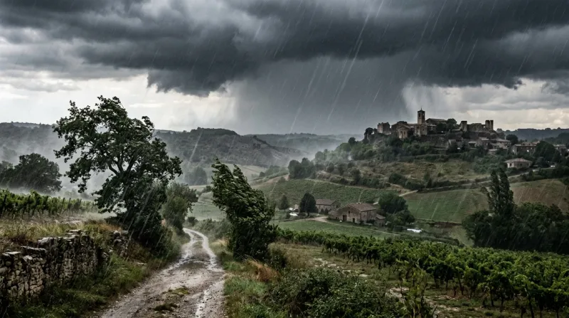 Une photo d'un paysage de la région Occitanie sous un ciel orageux avec de la pluie et du vent