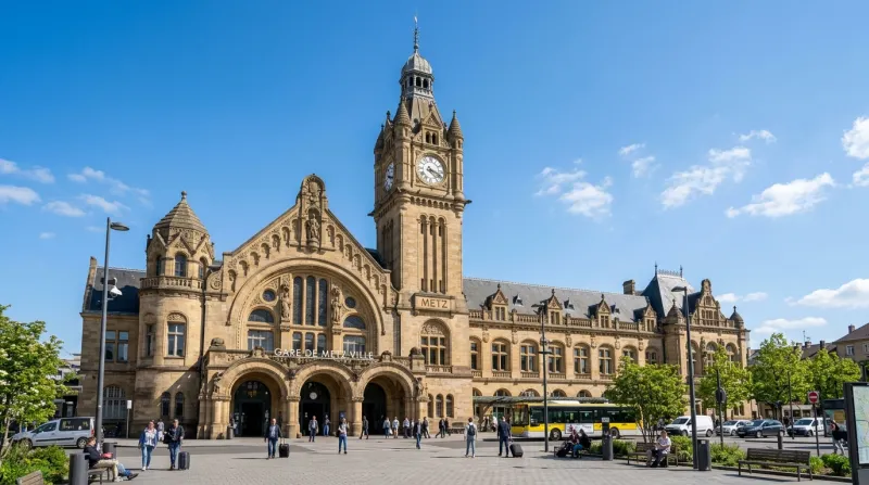 Une photo de la façade historique de la gare de Metz avec sa tour de l'horloge sous un ciel clair.