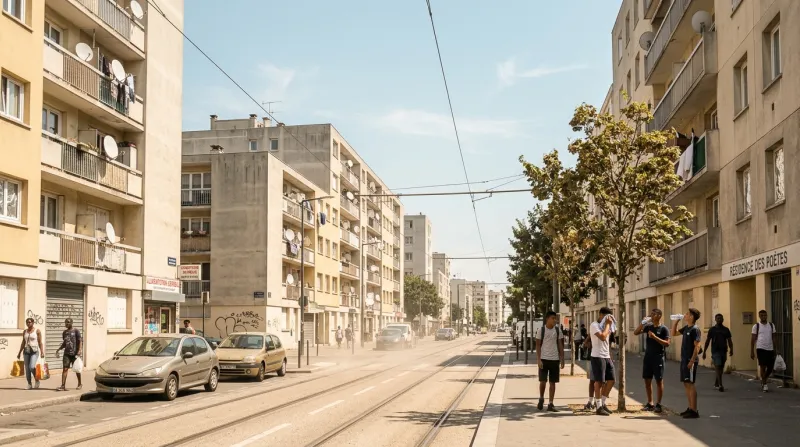 Une photo d'un paysage urbain en Seine-Saint-Denis sous un soleil de plomb illustrant une forte chal