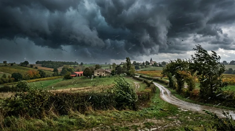 Une photo d'un paysage du Gers sous un ciel d'orage menaçant avec du vent et de la grêle