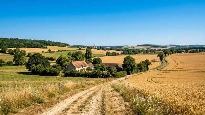 Une photo d'un paysage de l'Essonne sous un soleil de plomb et un ciel bleu azur