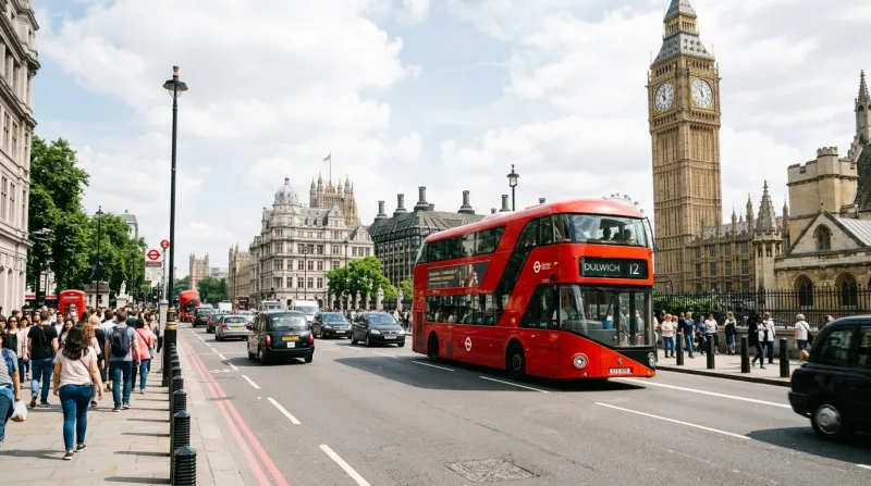 Une photo d'un bus rouge à impériale emblématique circulant dans une rue animée de Londres devant Bi