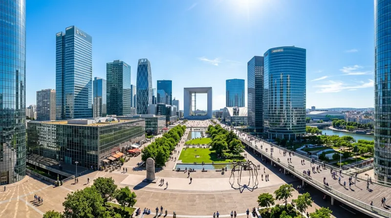 Une photo du quartier de La Défense dans les Hauts-de-Seine sous un soleil éclatant