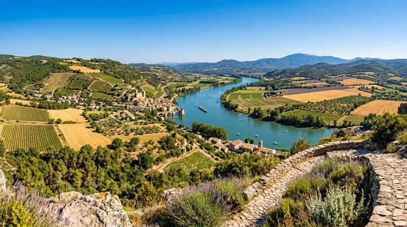 Une photo d'un paysage ensoleillé dans la vallée du Rhône en Ardèche sous un ciel dégagé