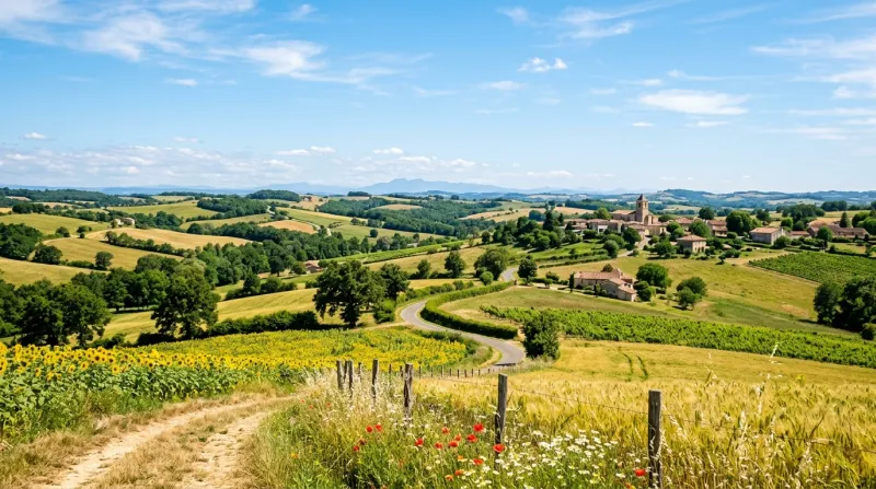 Une photo d'un paysage de campagne dans le Gers sous un soleil radieux et un ciel bleu