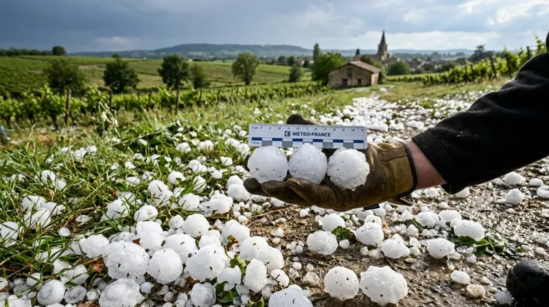 Une photo de gros grêlons au sol dans un paysage rural du Tarn-et-Garonne