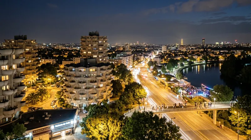 Une photo d'un paysage urbain dans le Val-de-Marne lors d'une nuit d'été chaude.