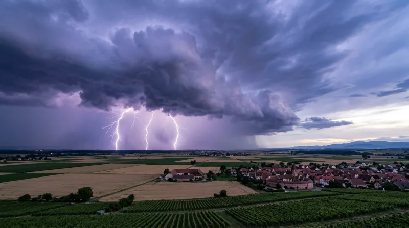 Une photo d'un paysage de la plaine d'Alsace dans le Haut-Rhin avec des éclairs dans le ciel lors d'