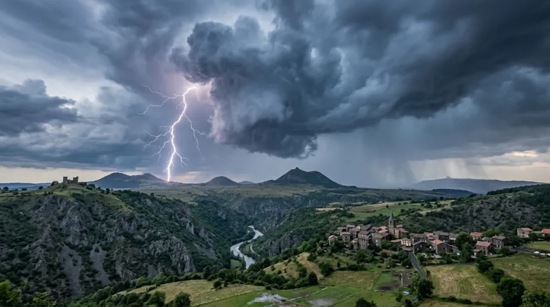 Une photo d'un paysage de la Haute-Loire sous un ciel d'orage avec des éclairs