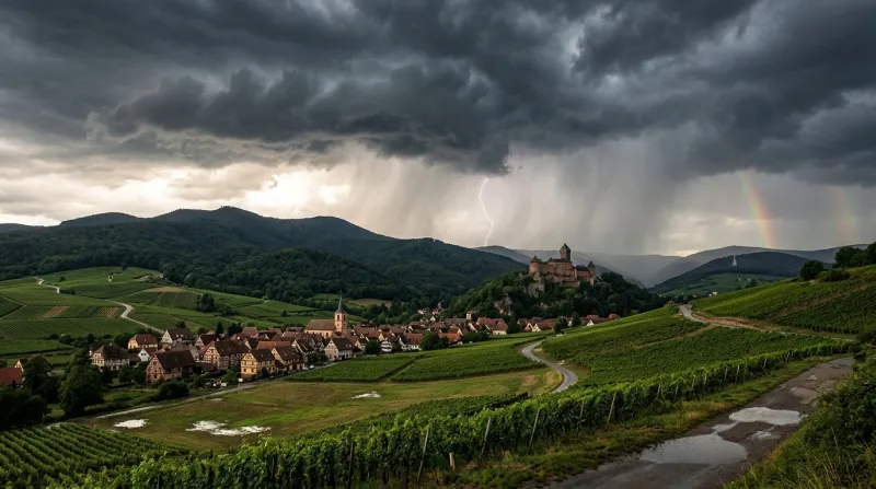 Une photo d'un paysage du Haut-Rhin sous un ciel orageux