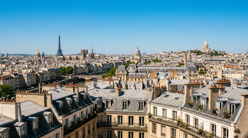 Une photo des toits de Paris sous un soleil intense et un ciel bleu dégagé