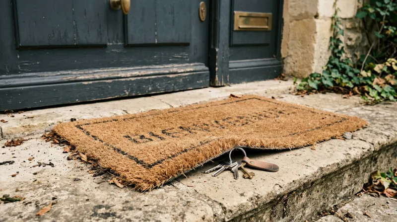 Une photo d'un trousseau de clés glissé discrètement sous le coin d'un paillasson devant une porte d
