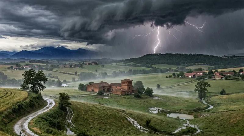 Une photo d'un paysage de la Haute-Garonne sous un ciel d'orage avec de fortes pluies