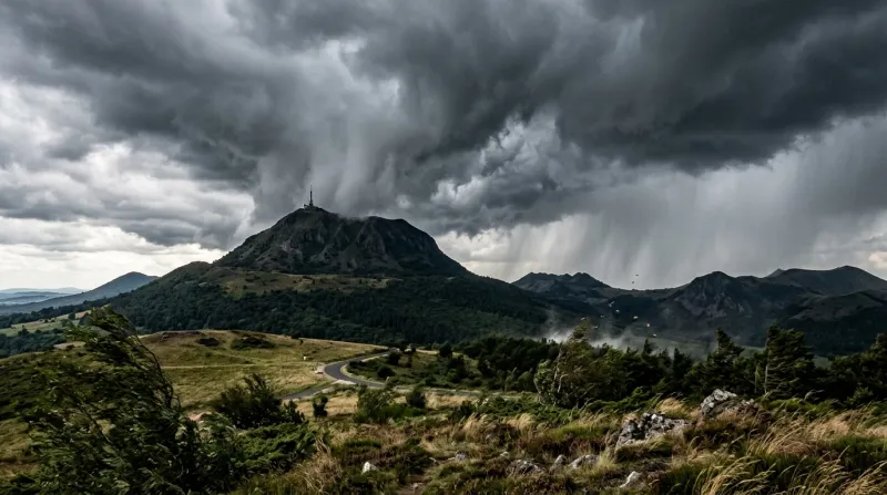 Une photo du paysage du Puy-de-Dôme sous un ciel d'orage avec du vent.