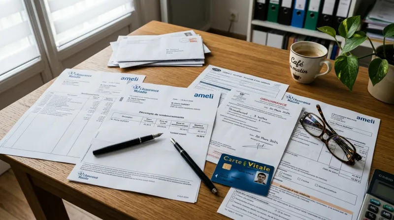 Une photo de documents administratifs et de décomptes de l'Assurance Maladie sur un bureau