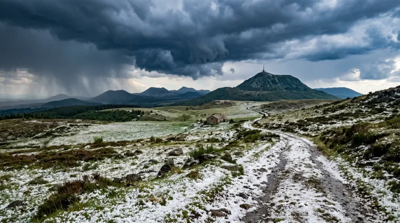 Une photo d'un paysage du Puy-de-Dôme sous un ciel d'orage avec de la grêle au sol.