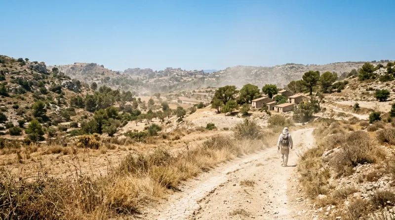 Une photo d'un paysage sous un soleil de plomb illustrant une chaleur extrême de 40°C.