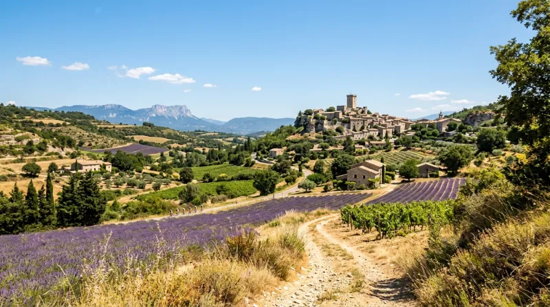 Une photo d'un paysage de la Drôme sous un soleil radieux et une forte chaleur