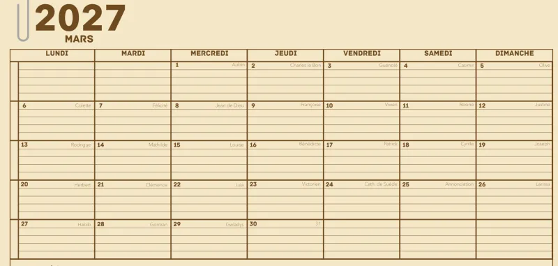 Calendrier mars 2027