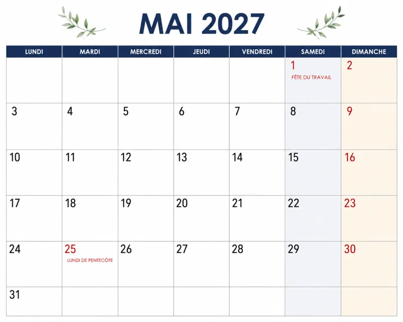 Calendrier mai 2027