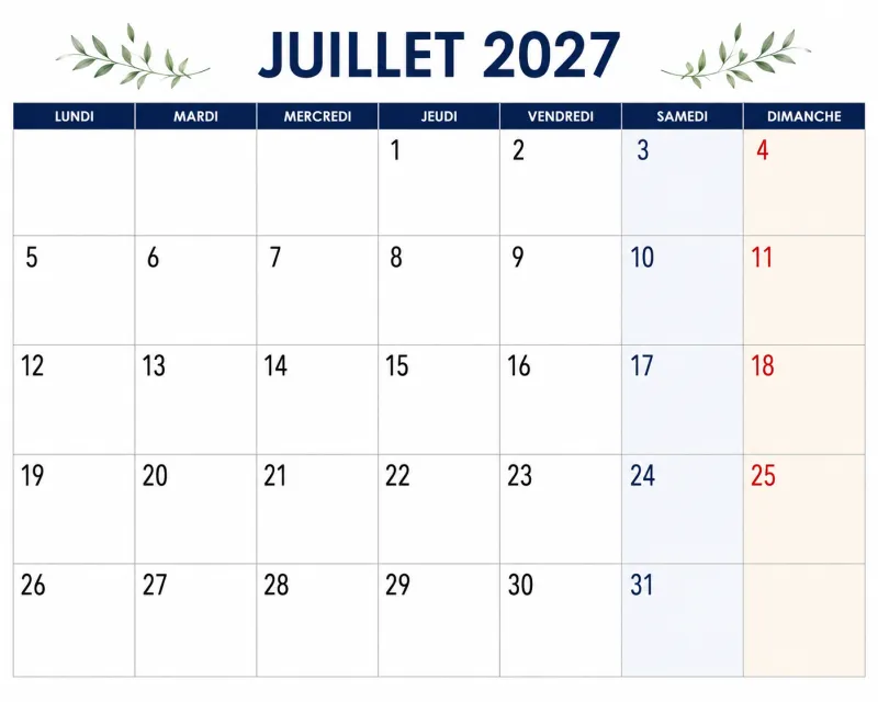 Calendrier juillet 2027
