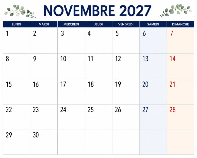 Calendrier novembre 2027