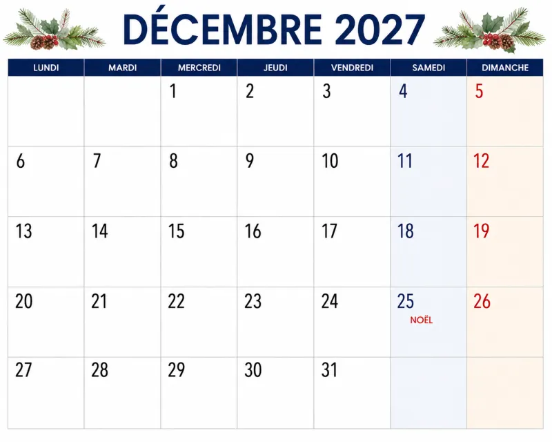 Calendrier décembre 2027