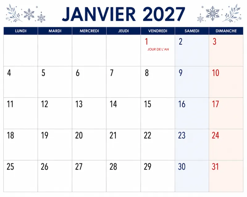 Calendrier janvier 2027