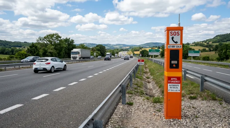 Une photo d'une borne de secours orange au bord d'une autoroute