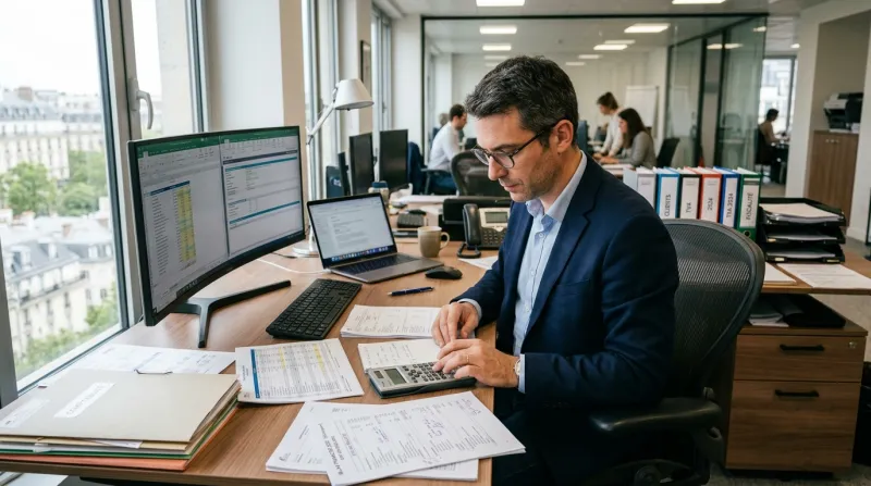 Une photo d'un expert-comptable travaillant dans un bureau moderne avec une calculatrice et des docu